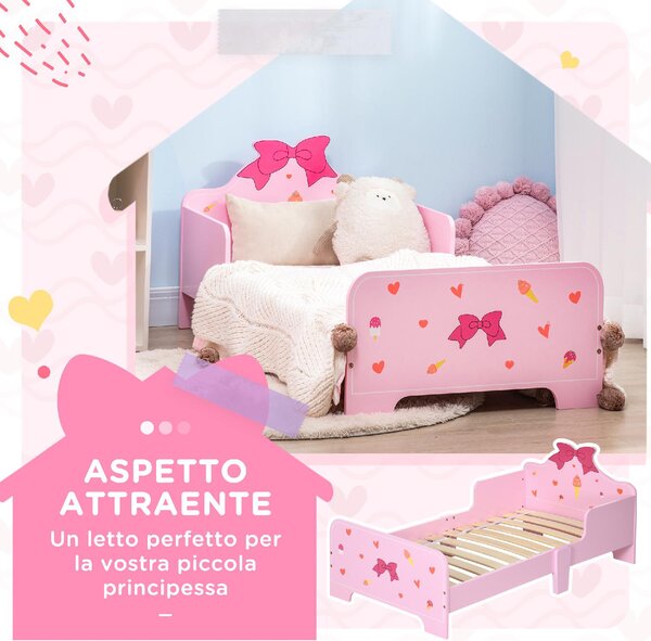 DecHome Letto per Bambini 3-6 Anni con Sponde Laterali Anticaduta 143x74x59 cm Fantasia a Fiocchi e Cuori colore Rosa