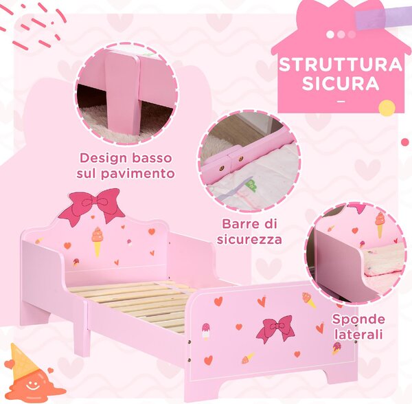 DecHome Letto per Bambini 3-6 Anni con Sponde Laterali Anticaduta 143x74x59 cm Fantasia a Fiocchi e Cuori colore Rosa