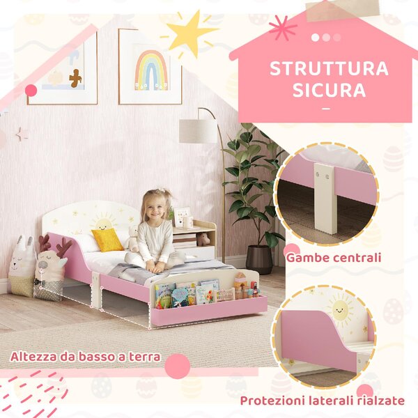 DecHome Letto per Bambini 3-8 Anni con Sponde Laterali Anticaduta e Contenitore 150x77x60 cm colore Rosa