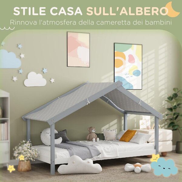 DecHome Letto per Bambini a Casetta 213x100x140 cm in Legno di Pino Tetto Stellato in Tessuto colore Grigio