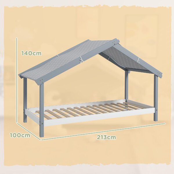 DecHome Letto per Bambini a Casetta 213x100x140 cm in Legno di Pino Tetto Stellato in Tessuto colore Grigio