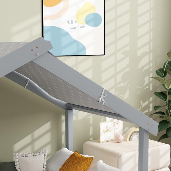 DecHome Letto per Bambini a Casetta 213x100x140 cm in Legno di Pino Tetto Stellato in Tessuto colore Grigio