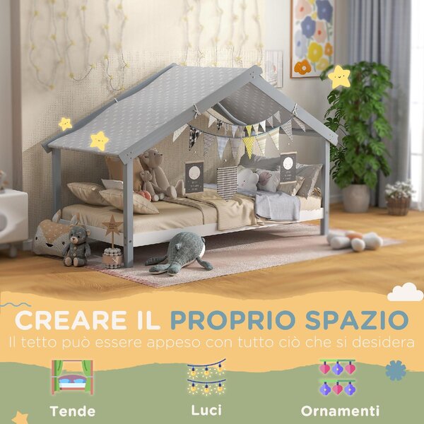 DecHome Letto per Bambini a Casetta 213x100x140 cm in Legno di Pino Tetto Stellato in Tessuto colore Grigio