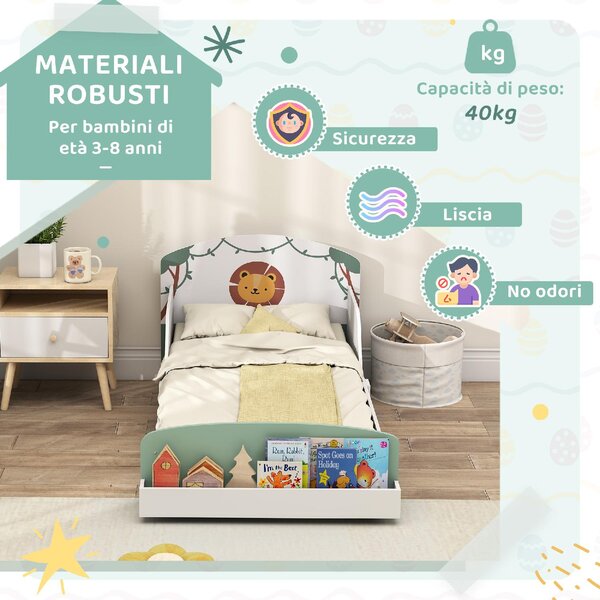 DecHome Letto per Bambini 3-8 Anni con Sponde Laterali Anticaduta e Contenitore 150x77x60 cm colore Verde