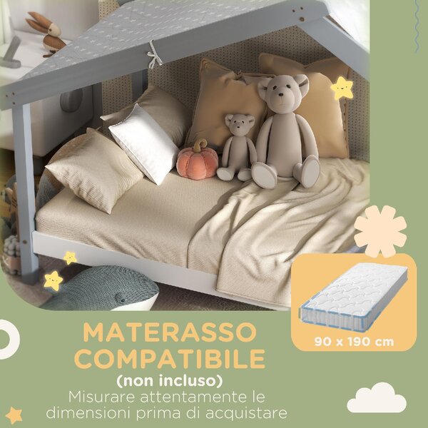 DecHome Letto per Bambini a Casetta 213x100x140 cm in Legno di Pino Tetto Stellato in Tessuto colore Grigio