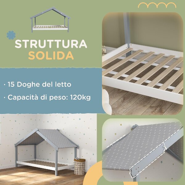 DecHome Letto per Bambini a Casetta 213x100x140 cm in Legno di Pino Tetto Stellato in Tessuto colore Grigio