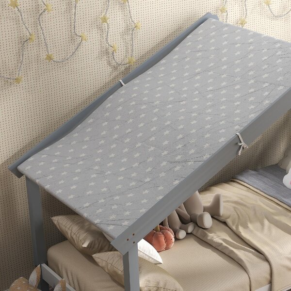 DecHome Letto per Bambini a Casetta 213x100x140 cm in Legno di Pino Tetto Stellato in Tessuto colore Grigio