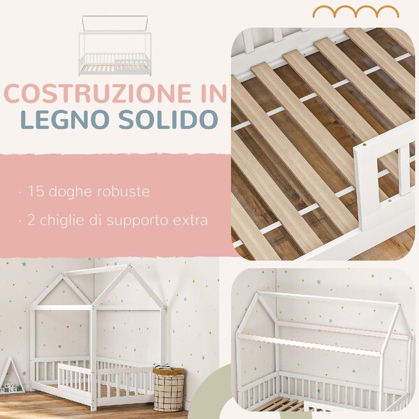 DecHome Letto per Bambini a Casetta con Sponde Laterali Anticaduta 96x195x165 cm in Legno di Pino colore Bianco