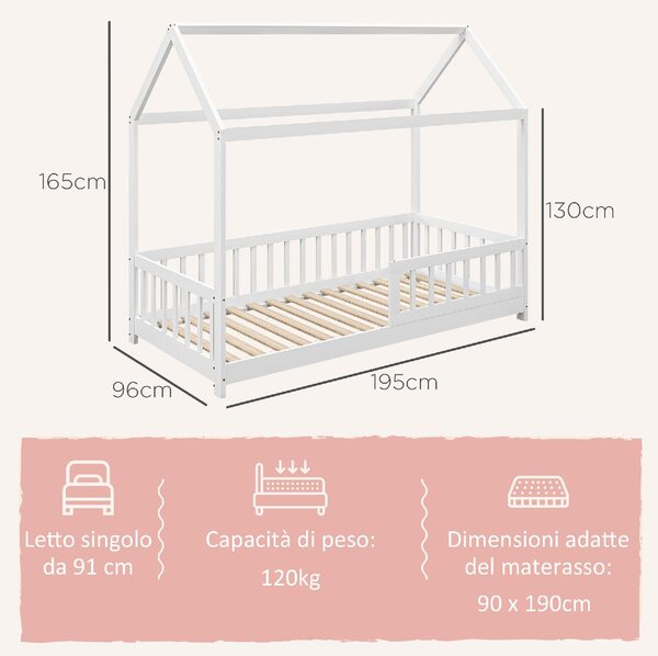 DecHome Letto per Bambini a Casetta con Sponde Laterali Anticaduta 96x195x165 cm in Legno di Pino colore Bianco