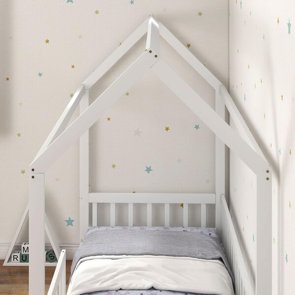DecHome Letto per Bambini a Casetta con Sponde Laterali Anticaduta 96x195x165 cm in Legno di Pino colore Bianco