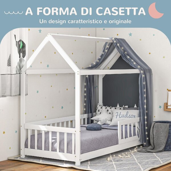 DecHome Letto per Bambini a Casetta con Sponde Laterali Anticaduta 96x195x165 cm in Legno di Pino colore Bianco