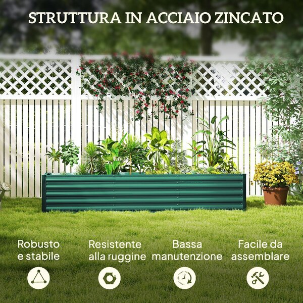 VivaGarden Letto per Orto a Fondo Aperto con Bordi Arrotondati in Acciaio Zincato 240x40x45 cm colore Verde - U6230GN