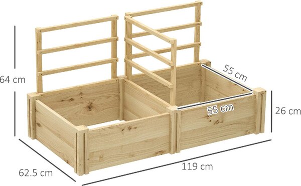 VivaGarden Letto per Orto con 3 Tralicci e 2 Fioriere in Legno di Abete con Fondo Aperto 119x62.5x64 cm colore Legno - R5290ND