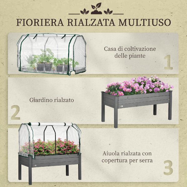 VivaGarden Letto per Orto con Serra da Giardino Portapiante da Esterno in Legno e PE 121x55x117 cm colore Grigio Scuro