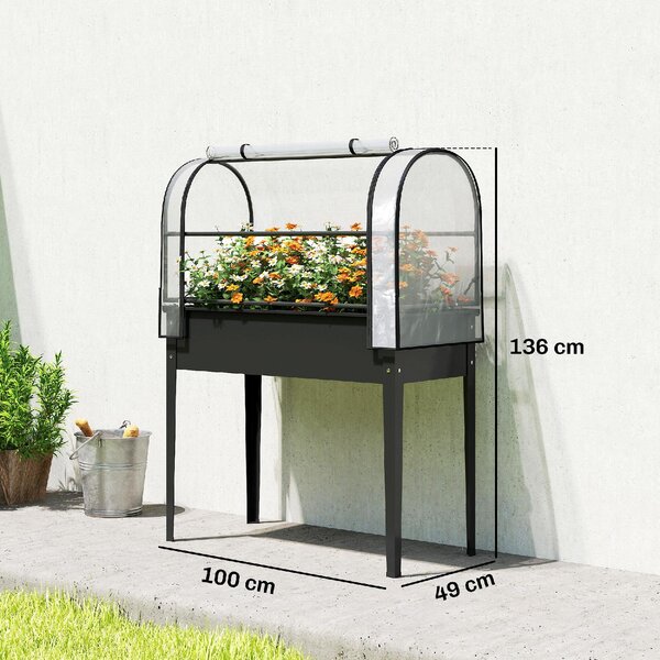 VivaGarden Letto per Orto Rialzato con Copertura Mini Serra e Foro di Drenaggio 100x49x136 cm colore Nero
