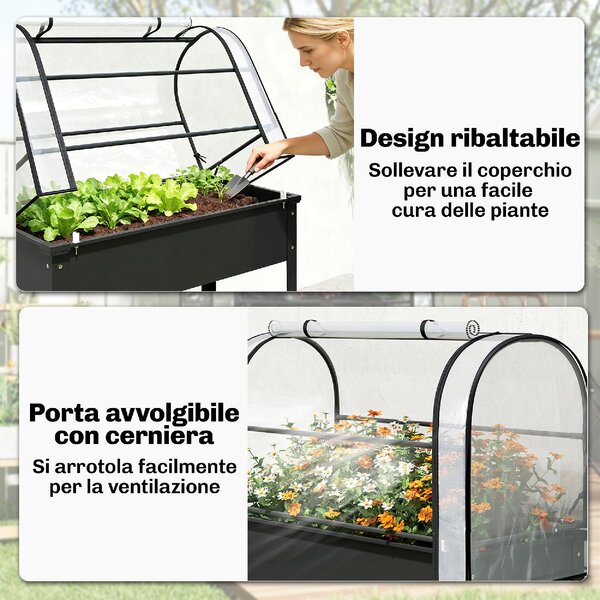 VivaGarden Letto per Orto Rialzato con Copertura Mini Serra e Foro di Drenaggio 100x49x136 cm colore Nero