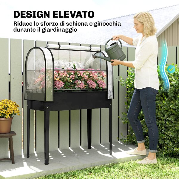 VivaGarden Letto per Orto Rialzato con Copertura Mini Serra e Foro di Drenaggio 100x49x136 cm colore Nero
