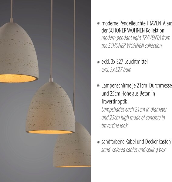 Schöner Wohnen 12541-42 - Lampada a sospensione su cavo TRAVENTA 3xE27/40W/230V in cemento