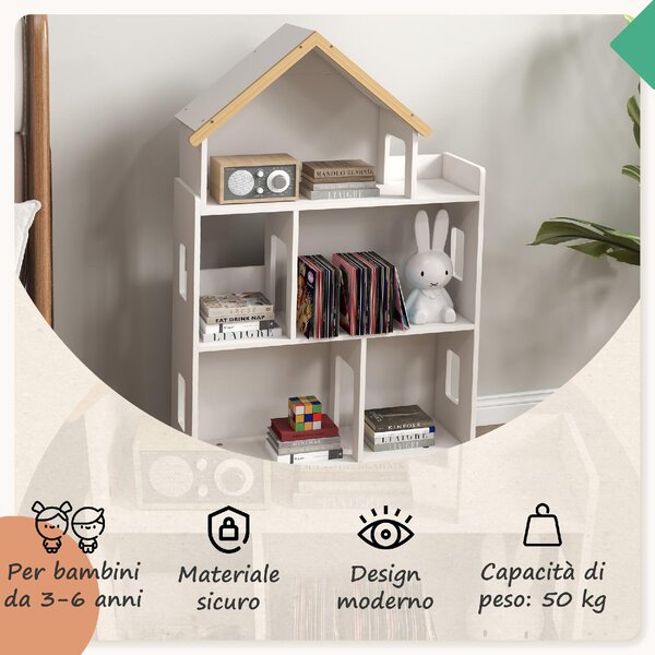 DecHome Libreria per Bambini 3-6 Anni a 3 Livelli per Libri e Giochi in MDF e Legno di Pino 65x25x108.5 cm colore Bianco