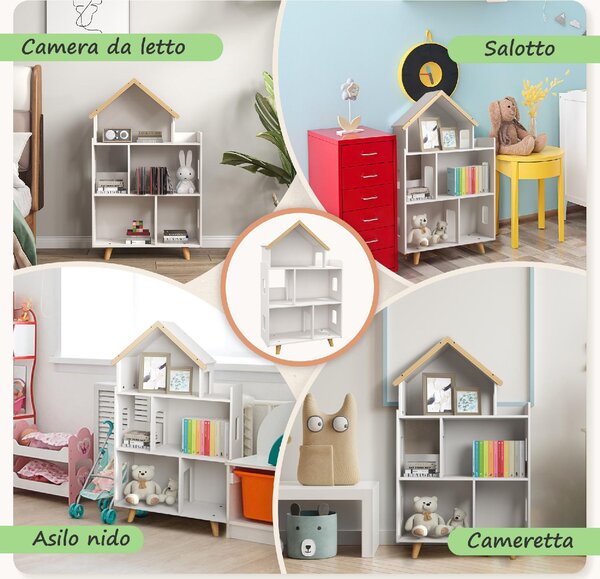 DecHome Libreria per Bambini 3-6 Anni a 3 Livelli per Libri e Giochi in MDF e Legno di Pino 65x25x108.5 cm colore Bianco