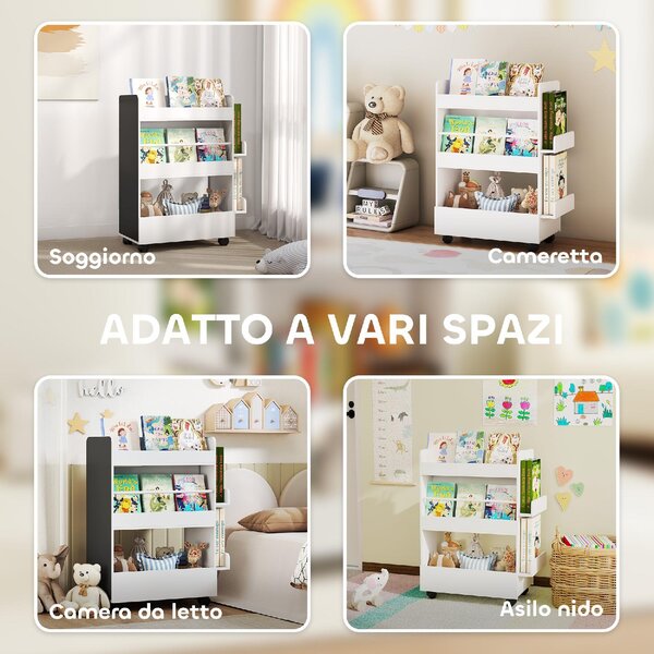 DecHome Libreria per Bambini 3-8 Anni a Due Lati, Scaffale Portagiochi con Ruote e Lavagna Nera colore Bianco