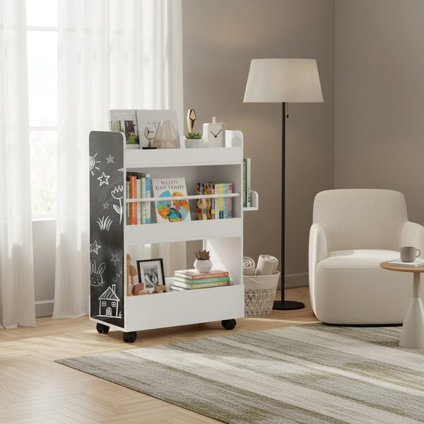 DecHome Libreria per Bambini 3-8 Anni a Due Lati, Scaffale Portagiochi con Ruote e Lavagna Nera colore Bianco
