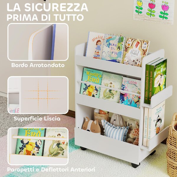 DecHome Libreria per Bambini 3-8 Anni a Due Lati, Scaffale Portagiochi con Ruote e Lavagna Nera colore Bianco