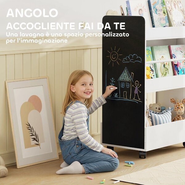 DecHome Libreria per Bambini 3-8 Anni a Due Lati, Scaffale Portagiochi con Ruote e Lavagna Nera colore Bianco