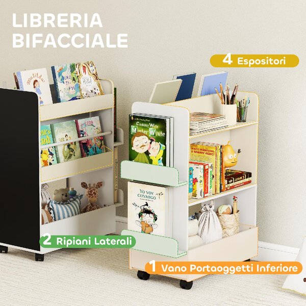 DecHome Libreria per Bambini 3-8 Anni a Due Lati, Scaffale Portagiochi con Ruote e Lavagna Nera colore Bianco