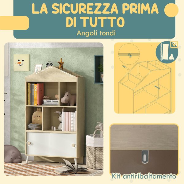 DecHome Libreria per Bambini in Legno con Ripiani Aperti e Armadietto Inferiore 80x30x140.5 cm colore Bianco/Legno