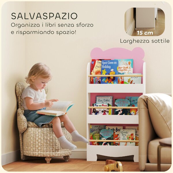 DecHome Libreria per Bambini con 3 Ripiani a Forma di Orsetto con Barriere Frontali 55x15x110 cm colore Rosa