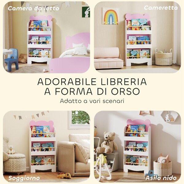 DecHome Libreria per Bambini con 3 Ripiani a Forma di Orsetto con Barriere Frontali 55x15x110 cm colore Rosa