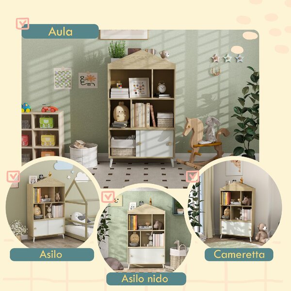 DecHome Libreria per Bambini in Legno con Ripiani Aperti e Armadietto Inferiore 80x30x140.5 cm colore Bianco/Legno
