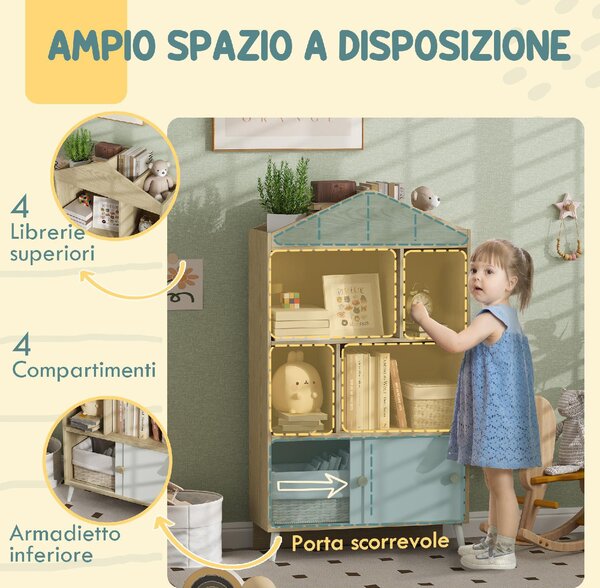 DecHome Libreria per Bambini in Legno con Ripiani Aperti e Armadietto Inferiore 80x30x140.5 cm colore Bianco/Legno
