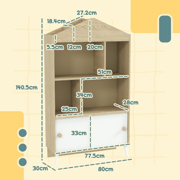 DecHome Libreria per Bambini in Legno con Ripiani Aperti e Armadietto Inferiore 80x30x140.5 cm colore Bianco/Legno