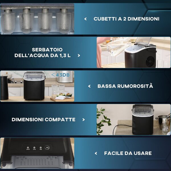 DecHome Macchina del Ghiaccio 9 Cubetti in 6-12 Minuti con Cestello e Paletta Inclusi 23.8x30.5x29 cm colore Nero