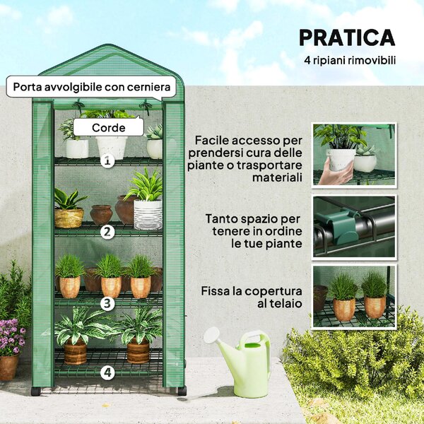VivaGarden Mini Serra da Giardino a 4 Livelli con 4 Rotelle e Ingresso Avvolgibile in Acciaio e PE 69x50x165 cm colore Verde