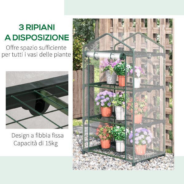 VivaGarden Mini Serra con Copertura in Plastica Telaio in Acciaio con 3 Ripiani 69x49x125 cm colore Trasparente - 06-84TT