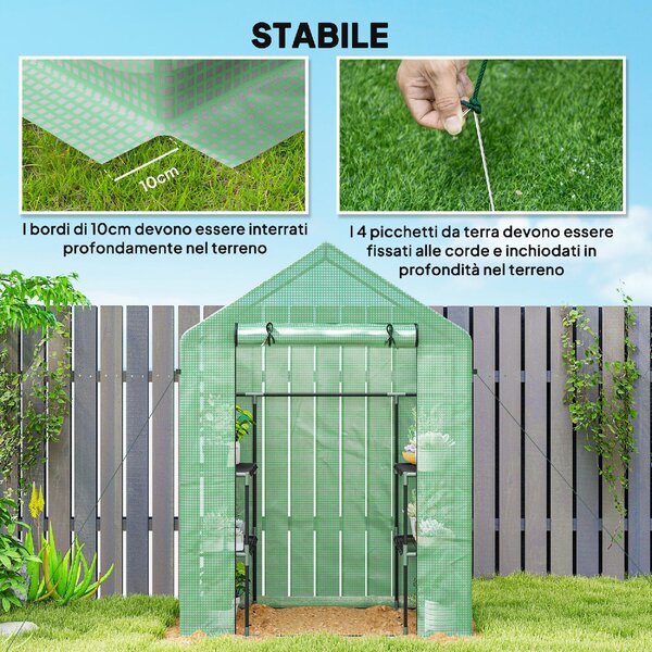 VivaGarden Mini Serra da Giardino con 2 Mensole a 3 Livelli e Ingresso a Zip in Acciaio e PE 142x73x195 cm colore Verde