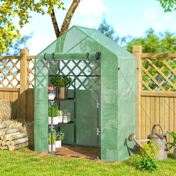VivaGarden Mini Serra da Giardino con 2 Mensole a 3 Livelli e Ingresso a Zip in Acciaio e PE 142x73x195 cm colore Verde