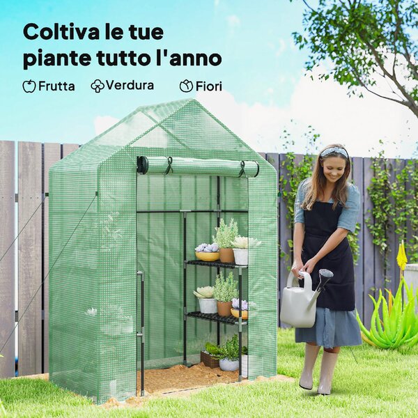 VivaGarden Mini Serra da Giardino con 2 Mensole a 3 Livelli e Ingresso a Zip in Acciaio e PE 142x73x195 cm colore Verde