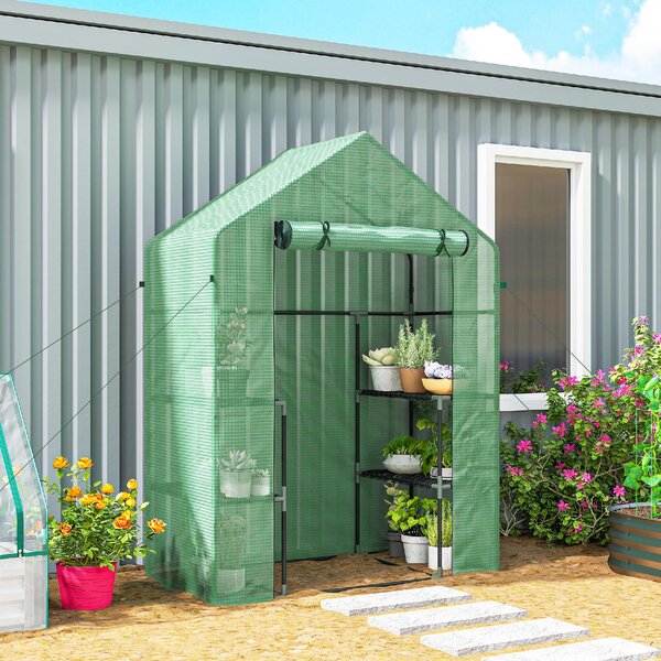 VivaGarden Mini Serra da Giardino con 2 Mensole a 3 Livelli e Ingresso a Zip in Acciaio e PE 142x73x195 cm colore Verde