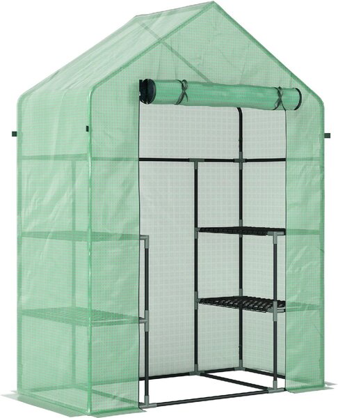 VivaGarden Mini Serra da Giardino con 2 Mensole a 3 Livelli e Ingresso a Zip in Acciaio e PE 142x73x195 cm colore Verde