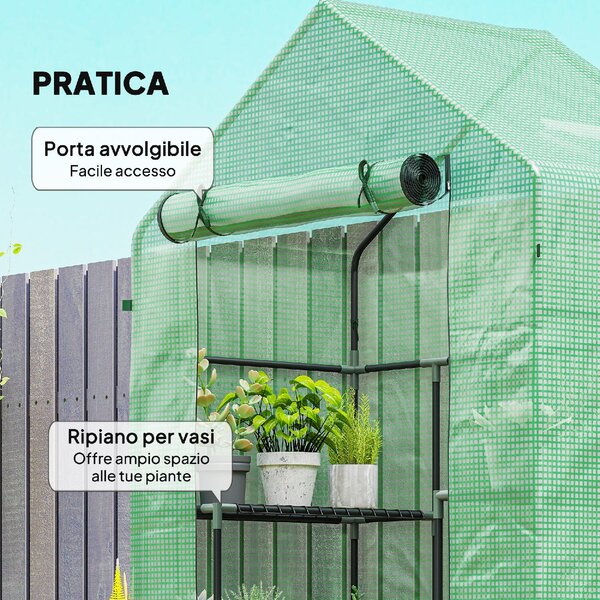 VivaGarden Mini Serra da Giardino con 2 Mensole a 3 Livelli e Ingresso a Zip in Acciaio e PE 142x73x195 cm colore Verde