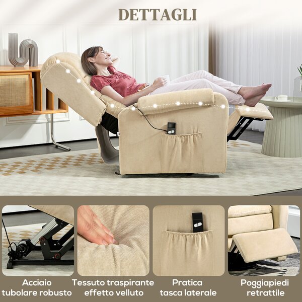 HOMCOM Poltrona Reclinabile e Alzapersona con Poggiapiedi e Telecomando, Sedia in Tessuto Effetto Lino, 85x88x109 cm, Crema | Aosom Italy
