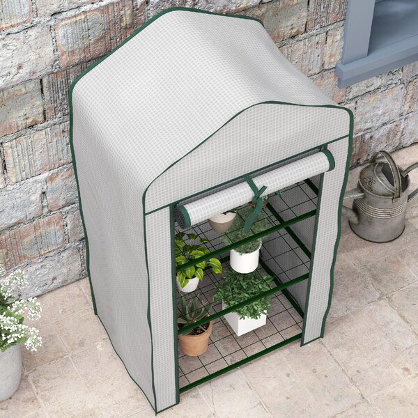 VivaGarden Mini Serra da Giardino con Copertura in PE 3 Ripiani e Porta Avvolgibile 59x39x127 cm colore Bianco - 1WTAM212