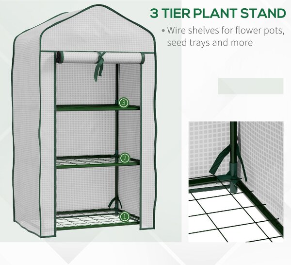 VivaGarden Mini Serra da Giardino con Copertura in PE 3 Ripiani e Porta Avvolgibile 59x39x127 cm colore Bianco - 1WTAM212