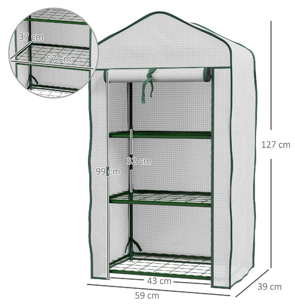 VivaGarden Mini Serra da Giardino con Copertura in PE 3 Ripiani e Porta Avvolgibile 59x39x127 cm colore Bianco - 1WTAM212