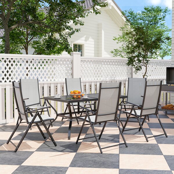Outsunny Set da Giardino 7 Pezzi con Tavolo da Pranzo con Foro per Ombrellone e 6 Sedie Pieghevoli, Grigio