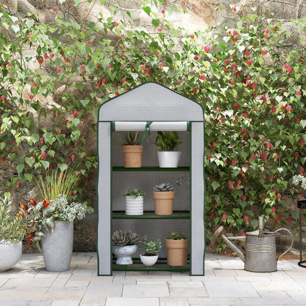 VivaGarden Mini Serra da Giardino con Copertura in PE 3 Ripiani e Porta Avvolgibile 59x39x127 cm colore Bianco - 1WTAM212